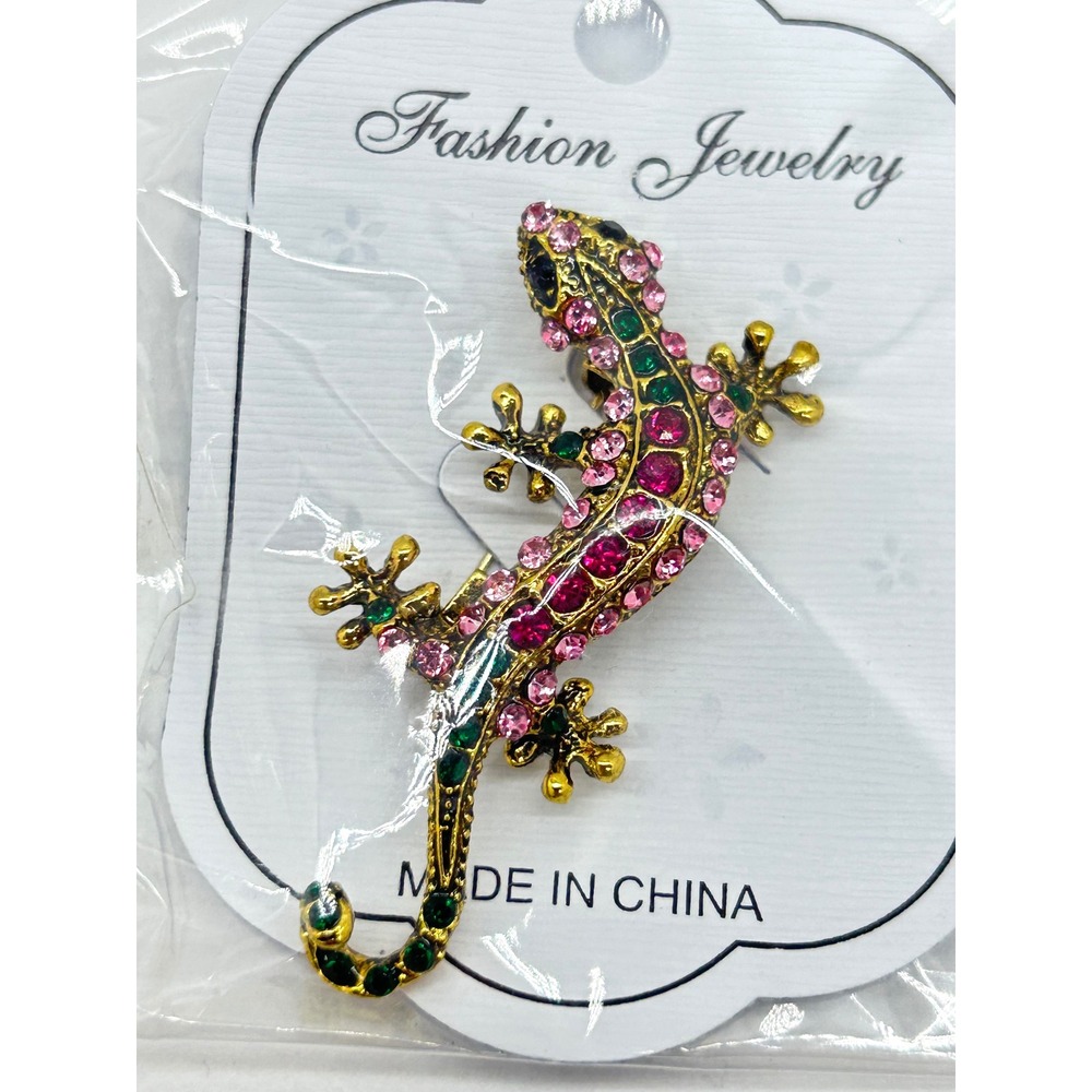 Gold Tone Pink and Green Rhinestone Lizard Gecko Brooch Pin Reptile Accessory - Picture 4 of 5